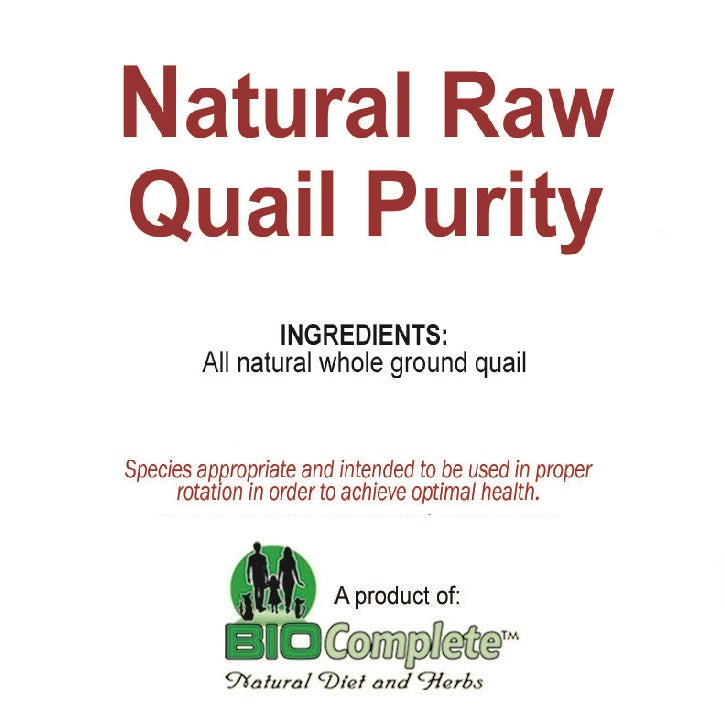 Packaging for BioComplete Natural Raw Quail Purity, indicating the product is made of all natural whole ground quail.