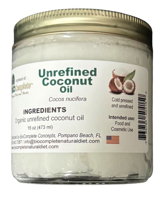 Biocomplete Jar of unrefined coconut oil with label on a white background