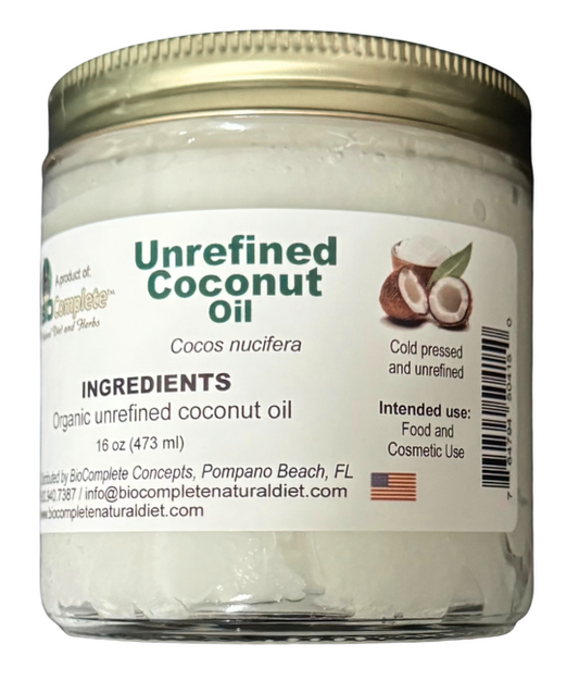 Biocomplete Jar of unrefined coconut oil with label on a white background