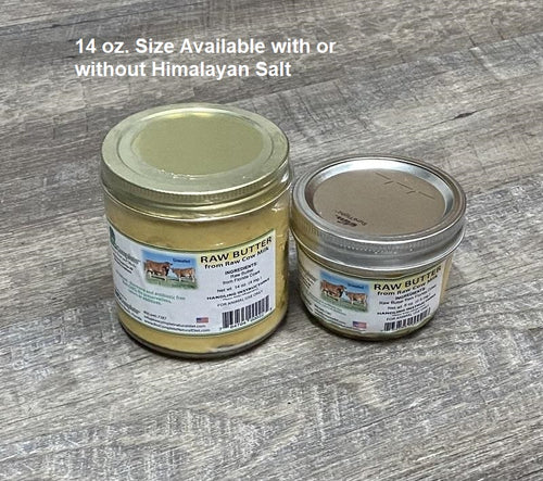 Two jars of BioComplete Raw Cow Butter, one larger and one smaller, with labels indicating the product is available in 14 oz size with or without Himalayan Salt.