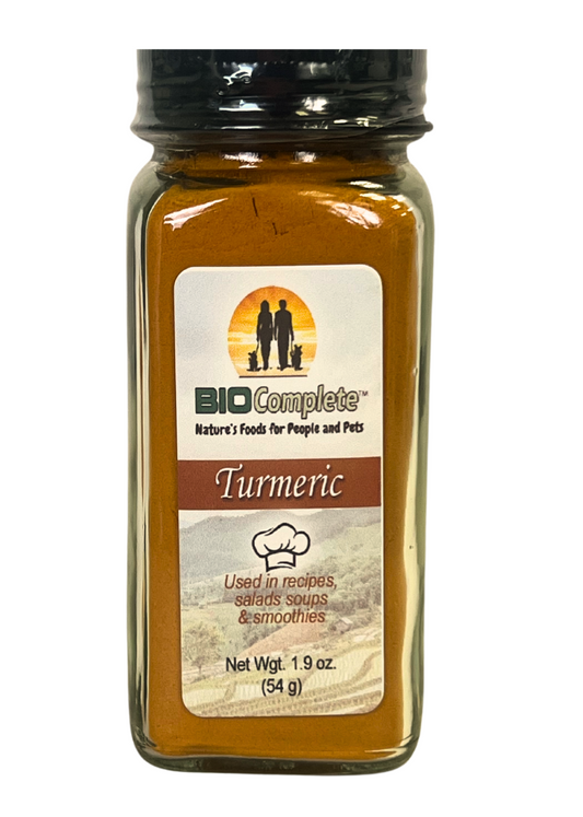 A bottle of BioComplete Turmeric Powder Culinary on a white background.