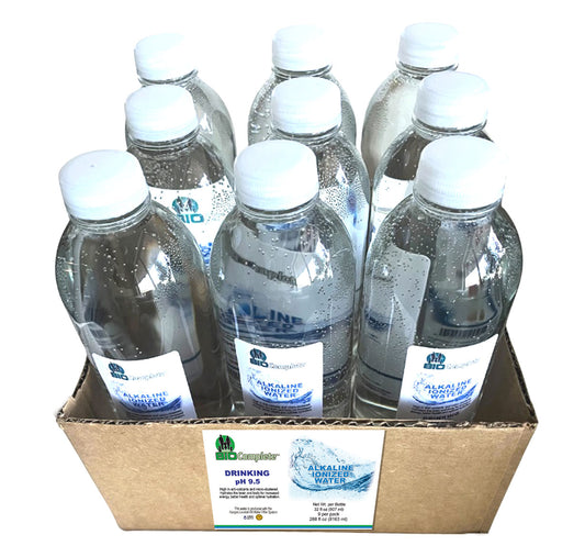 Box of water bottles with visible labels on a white background