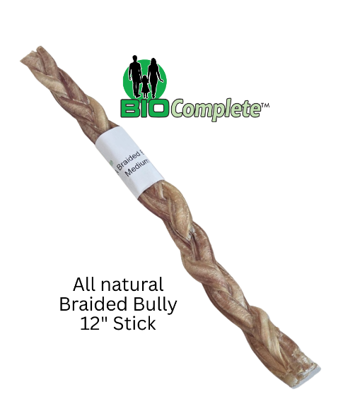 All natural braided bully stick with 'Bio Complete' branding on a white background