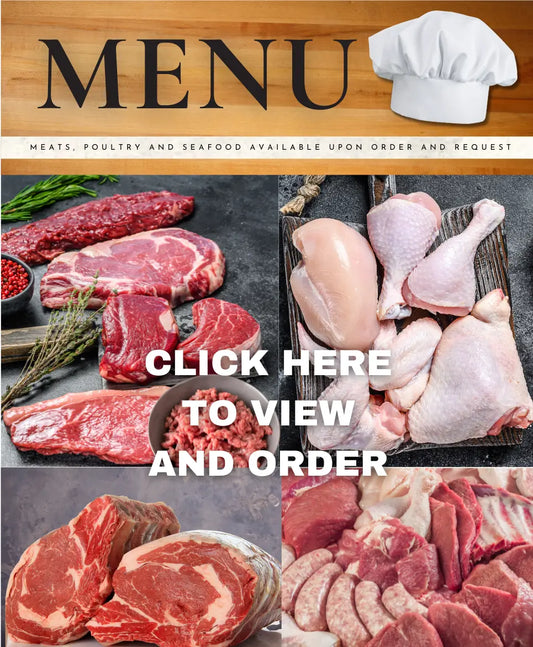 A promotional image featuring a wooden butcher block background with various cooked and raw meats, and a chef's hat in the top right corner, indicating a menu service for meats, seafood, and poultry.