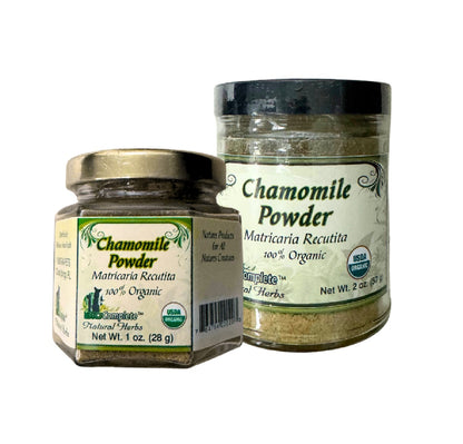 Two jars of chamomile powder with labels on a white background