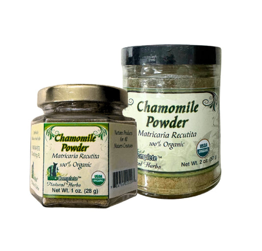 Two jars of chamomile powder with labels on a white background