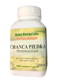 A bottle of Alpha Omega Labs Chanca Piedra capsules with a green and white label, indicating 120 Vegetarian Capsules.