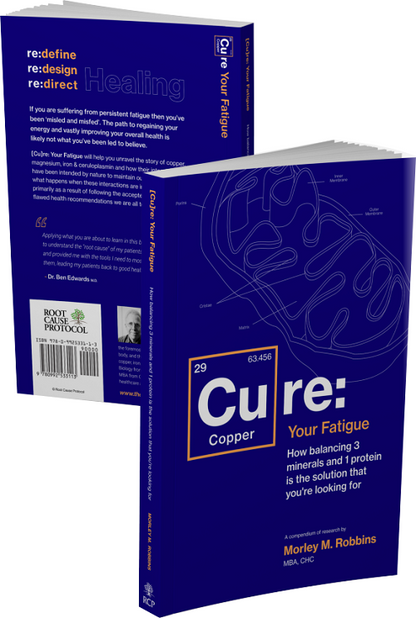 A cover image of the book titled 'Cure: Your Fatigue' by Morley M. Robbins featuring a blue background with text and a graphic representation of a brain.