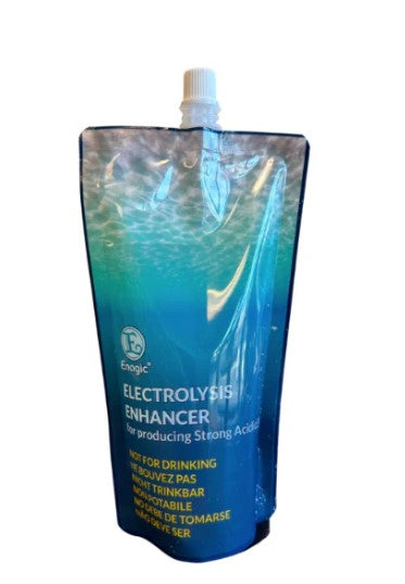 A pouch labeled 'Electrolysis enhancer Leveluk Kangen K8, SD501, Platinum & JR2' with blue water visible inside the pouch, indicating it is a water treatment product.