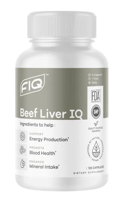 A bottle of FIQ Beef Liver IQ supplements with the label showing the product name and benefits such as supporting energy production, promoting blood health, and enhancing mineral intake.