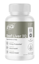 Load image into Gallery viewer, A bottle of FIQ Beef Liver IQ supplements with the label showing the product name and benefits such as supporting energy production, promoting blood health, and enhancing mineral intake.