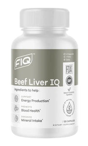 A bottle of FIQ Beef Liver IQ supplements with the label showing the product name and benefits such as supporting energy production, promoting blood health, and enhancing mineral intake.