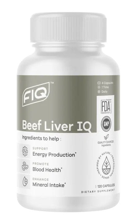 A bottle of FIQ Beef Liver IQ supplements with the label showing the product name and benefits such as supporting energy production, promoting blood health, and enhancing mineral intake.