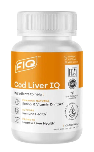 A bottle of FIQ Cod Liver IQ softgels with orange and white label.