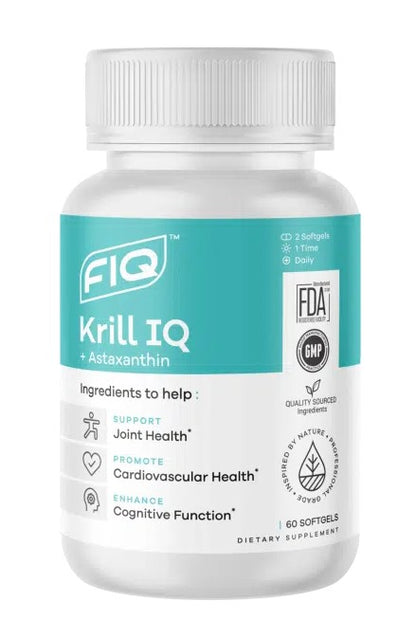 A bottle of FIQ Krill IQ 60 softgels with a label detailing the product as an omega-3 supplement with benefits for joint health, cardiovascular health, and cognitive function.