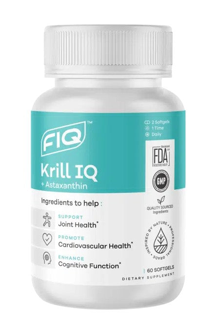 A bottle of FIQ Krill IQ 60 softgels with a label detailing the product as an omega-3 supplement with benefits for joint health, cardiovascular health, and cognitive function.