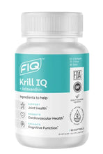 Load image into Gallery viewer, A bottle of FIQ Krill IQ 60 softgels with a label detailing the product as an omega-3 supplement with benefits for joint health, cardiovascular health, and cognitive function.