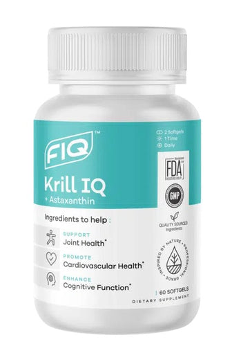 A bottle of FIQ Krill IQ 60 softgels with a label detailing the product as an omega-3 supplement with benefits for joint health, cardiovascular health, and cognitive function.