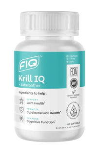 A bottle of FIQ Krill IQ 60 softgels with a label detailing the product as an omega-3 supplement with benefits for joint health, cardiovascular health, and cognitive function.