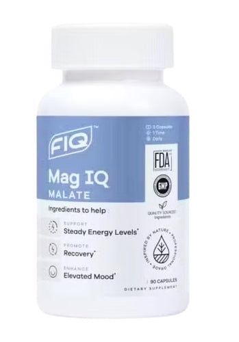 A blue and white container labeled 'FIQ Mag IQ Malate' with text indicating its purpose to help steady energy levels, support recovery, and enhance elevated mood.