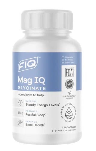 A bottle of FIQ Magnesium Glycinate IQ supplement with 60 capsules, labeled for supporting energy, sleep, and bone health.
