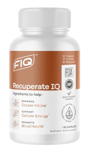 A bottle of FIQ Recuperate IQ Copper 60 cap dietary supplement with labels detailing the product name, purpose, and ingredients.