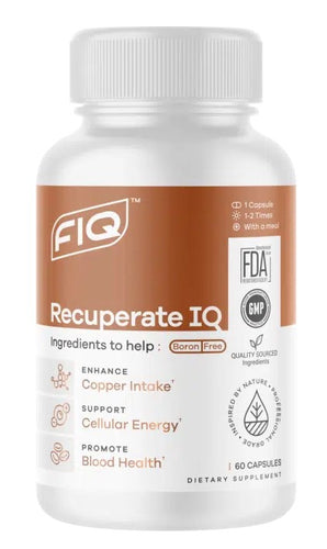 A bottle of FIQ Recuperate IQ Copper - Boron Free supplement with 60 capsules, featuring beef liver, spirulina, and turmeric as ingredients.