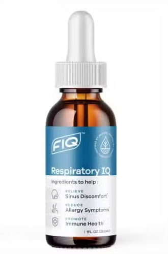 A bottle of FIQ Respiratory IQ supplement with a label indicating it is a product to help with sinus discomfort, allergy symptoms, and immune health.