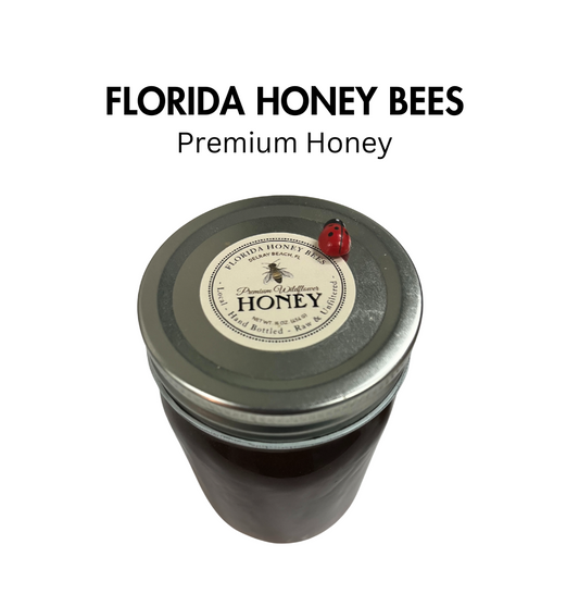 A jar of Florida Honey Bees premium raw honey with a label and a small red bee on the lid.