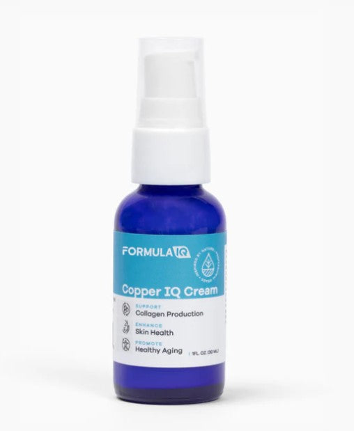 Blue bottle of FORMULATQ Copper IQ Cream on a white background