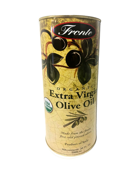 Fronte imported organic extra virgin olive oil bottle.