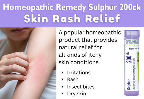 Promotional image featuring a homeopathic remedy sulphur 200ck for skin rash relief, depicting a person applying the product to their arm and the product packaging.