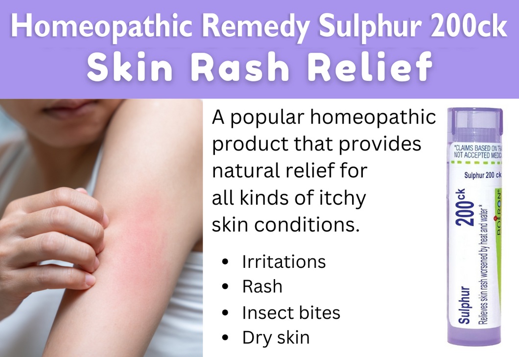Promotional image featuring a homeopathic remedy sulphur 200ck for skin rash relief, depicting a person applying the product to their arm and the product packaging.