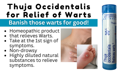 Promotional image for Thuja Occidentalis homeopathic remedy for warts, featuring a product bottle and a foot with a wart, alongside benefits listed for the product.