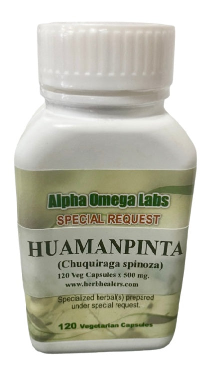 A bottle of Huamanpinta capsules with a green and white label, indicating 120 Vegetarian Capsules.