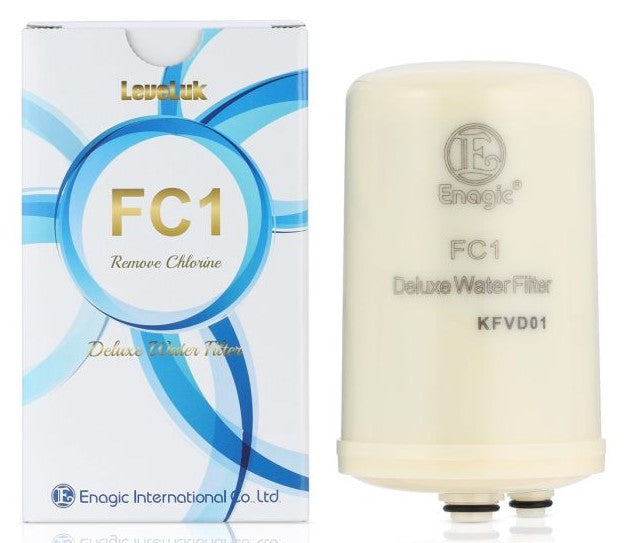 Enagic FC1 water filter and its packaging on a white background