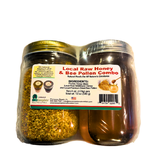 A jar of bee pollen and honey combo product on a white background, showing yellow bee pollen on the left and amber honey on the right behind a white label.