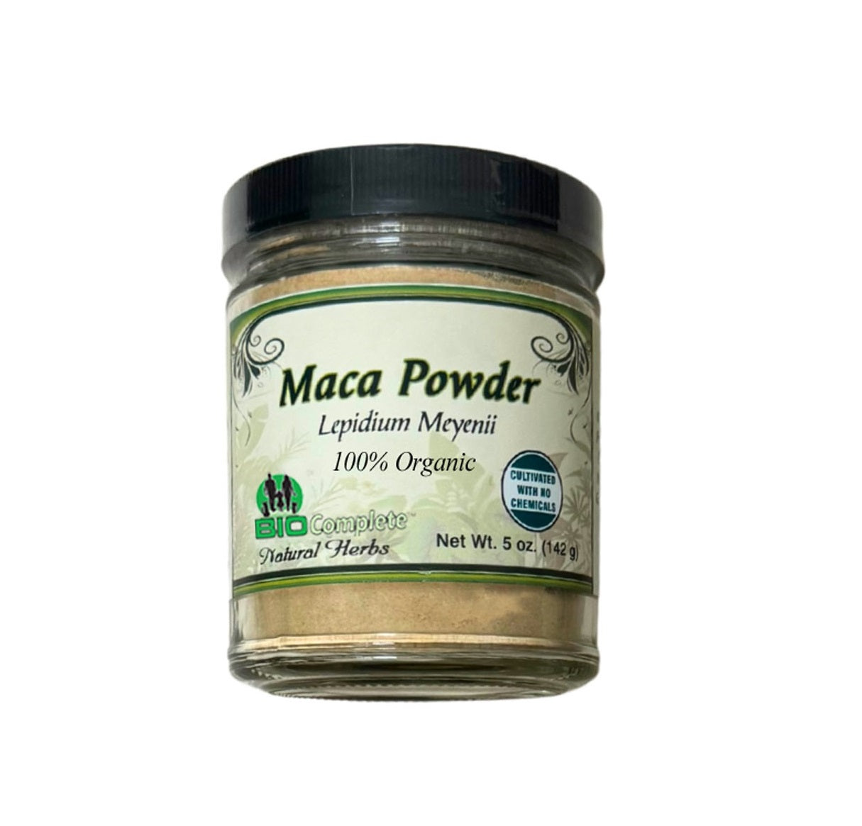 Jar of maca powder with a label on a white background