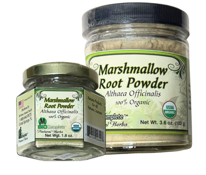 Two jars of marshmallow root powder with labels on a white background