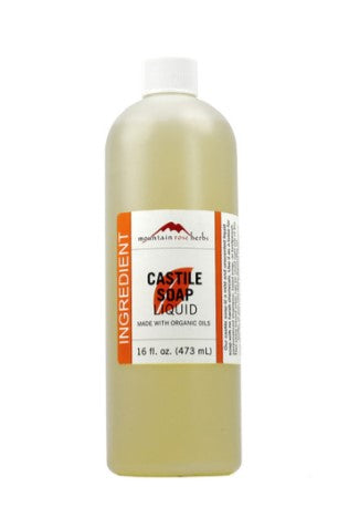 A plastic bottle of Mountain Rose Herbs Castile Liquid Soap with a white label displaying the product name and organic certification.
