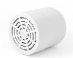 A white cylindrical shower water filter replacement cartridge.