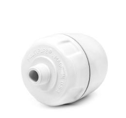 A white, cylindrical Multipure Aquashower shower water filter cartridge.