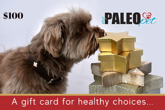 A digital gift card from My Paleo Pet featuring an image of a dog闻ing to a stack of treat-like packages, with thePaleoPet logo and a $100 value indicated.