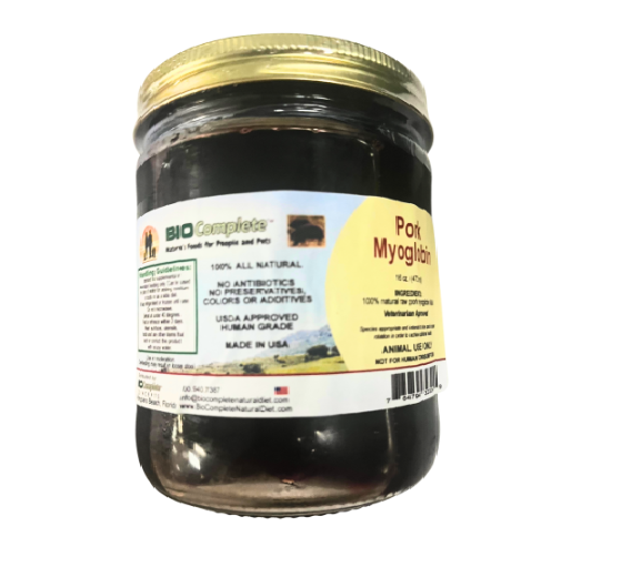 My Paleo Pet pork myoglobin supplement in glass jar for dogs and cats.