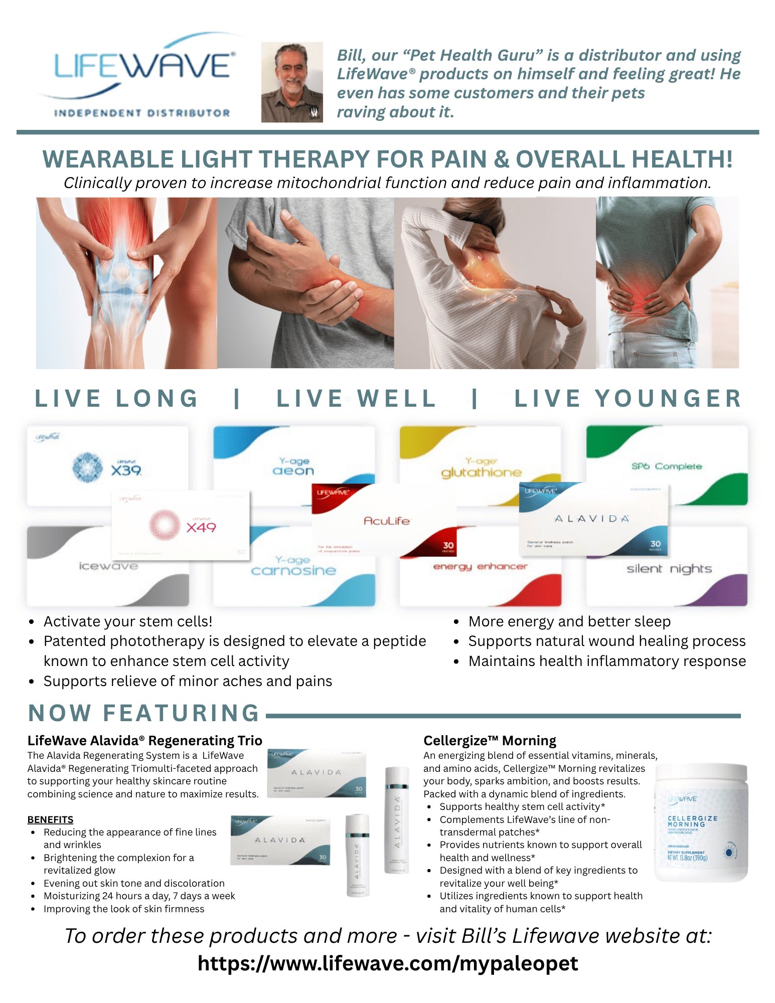 Advertisement for LifeWave wearable light therapy products with images of people using the device and text about health benefits.