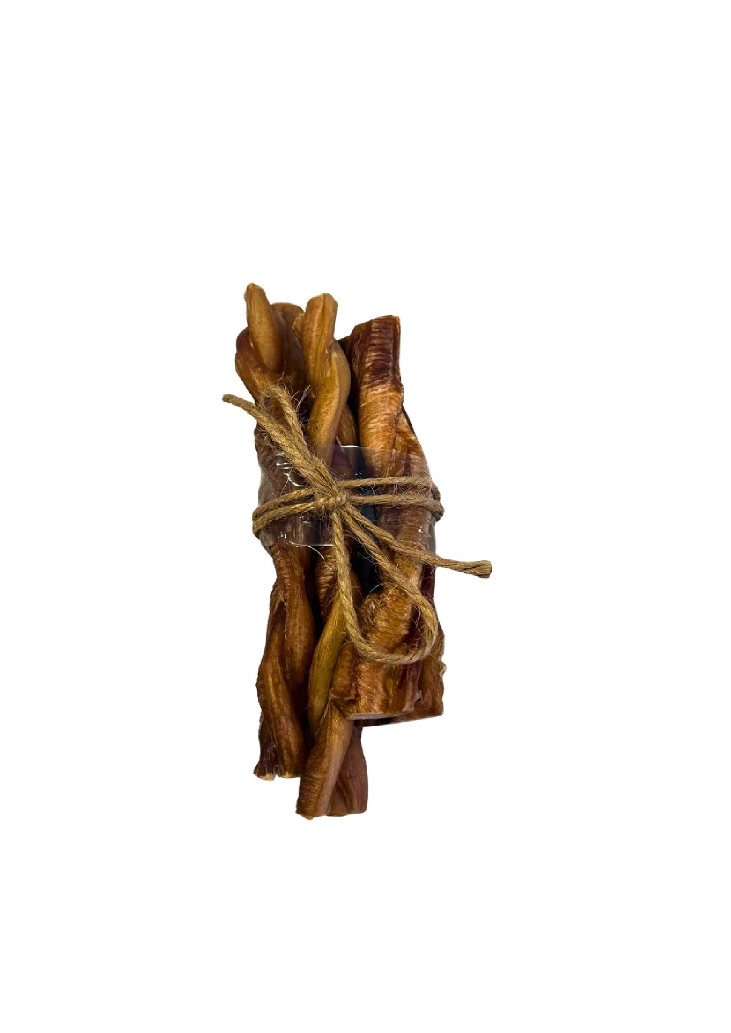 A bundle of natural dog chew treats tied together with twine, isolated on a solid white background.