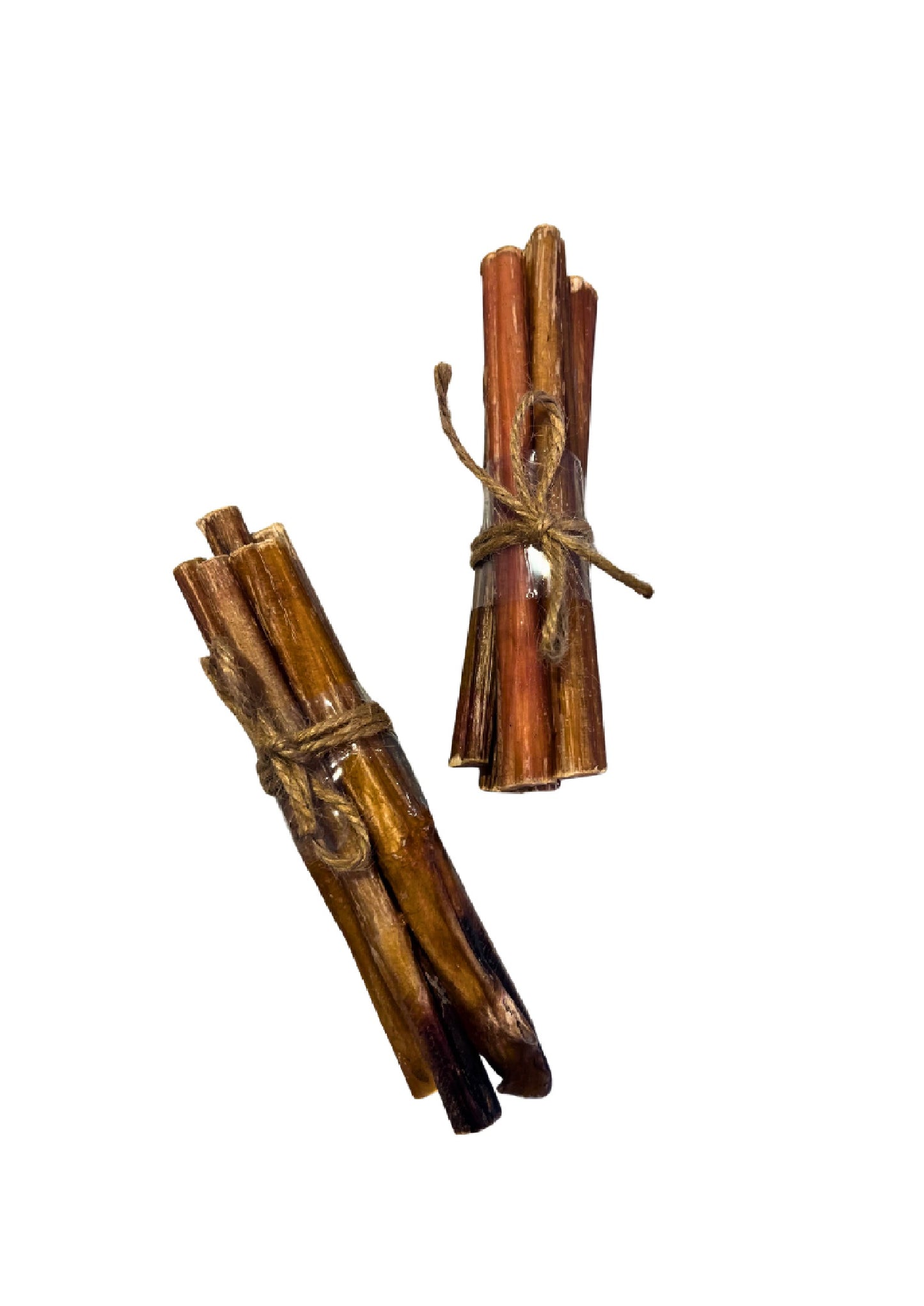Two small bundles of cinnamon sticks tied with twine, shown on a plain white background.