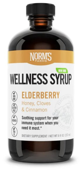 Norm’s Farm elderberry wellness syrup bottle for immune support.