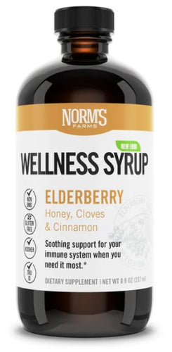 Norm’s Farm elderberry wellness syrup bottle for immune support.