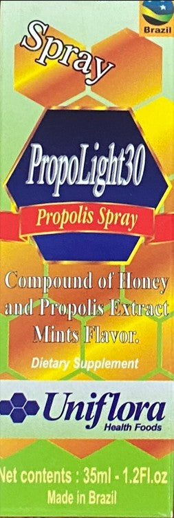 PropoLight 30 Propolis Spray packaging, featuring a spray bottle with blue and red label, indicating mint flavor, 35ml volume, and honey as an ingredient.